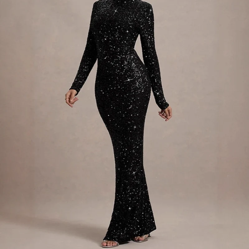 Damen Glitzerndes Abendkleid mit hohem Kragen und figurbetontem Schnitt Drune