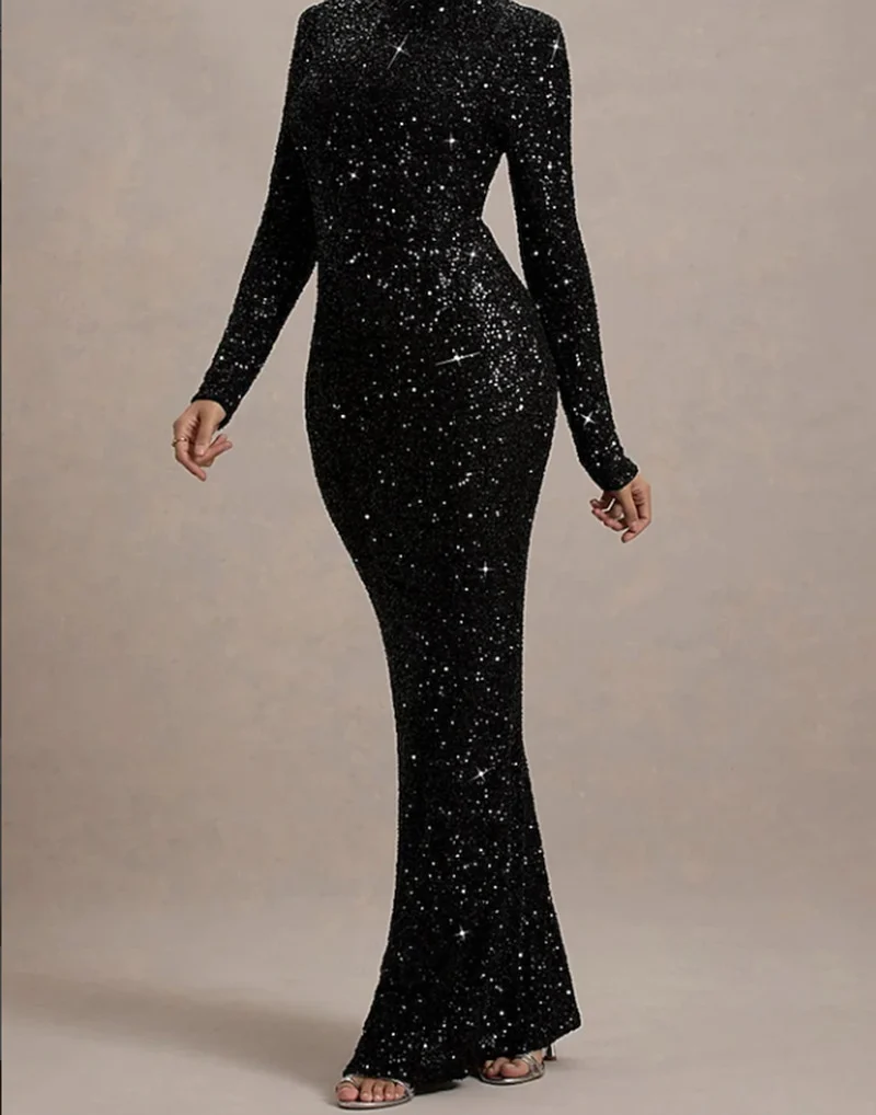 Damen Glitzerndes Abendkleid mit hohem Kragen und figurbetontem Schnitt Drune