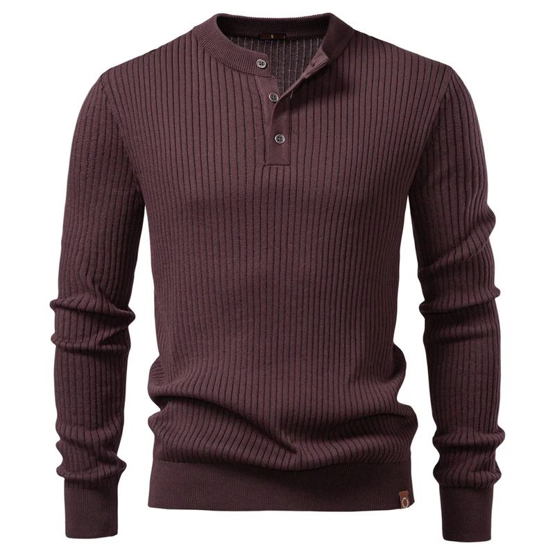 Herren nan gerippter Langarm-Henleypullover mit Stehkragen, feinem Rippstrick und schmaler Passform Drune