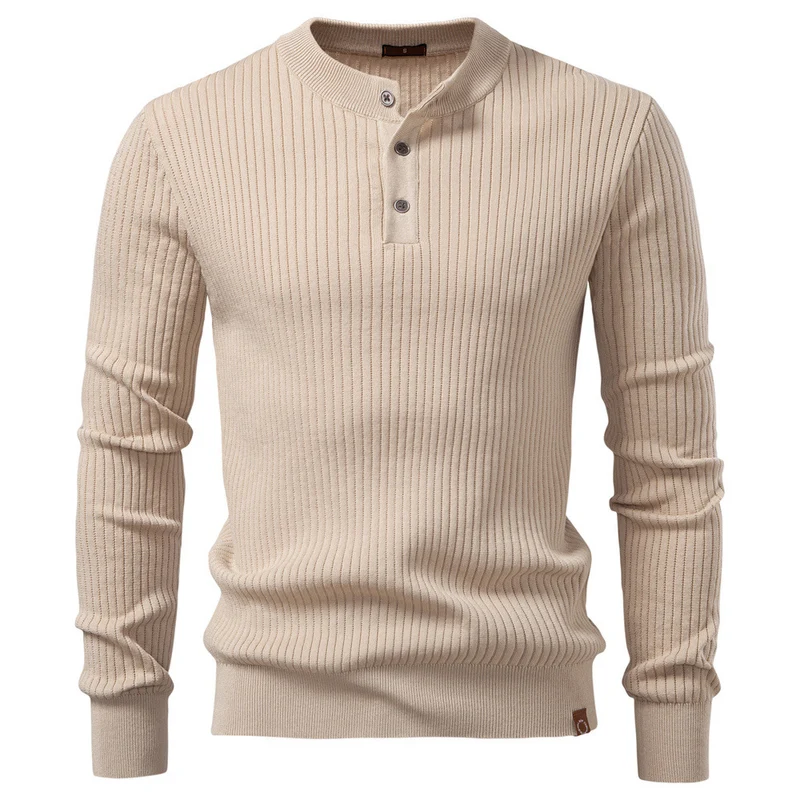 Herren nan gerippter Langarm-Henleypullover mit Stehkragen, feinem Rippstrick und schmaler Passform Drune