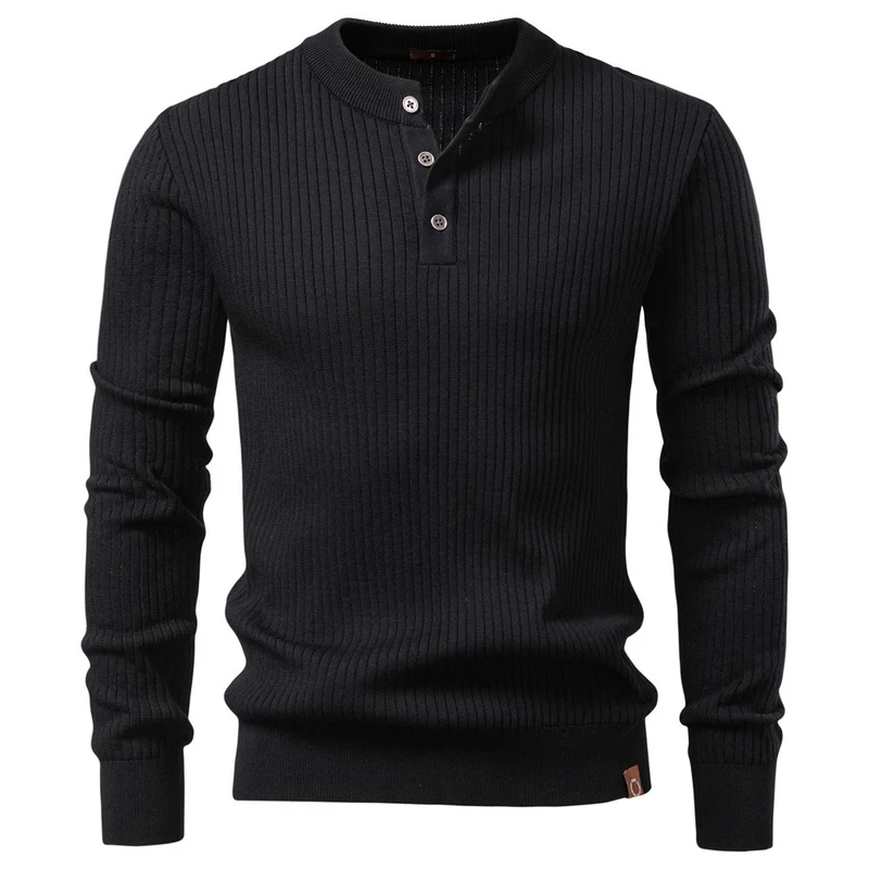 Herren nan gerippter Langarm-Henleypullover mit Stehkragen, feinem Rippstrick und schmaler Passform Drune