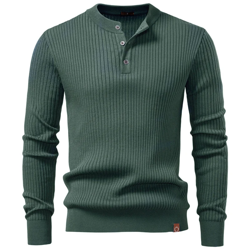 Herren nan gerippter Langarm-Henleypullover mit Stehkragen, feinem Rippstrick und schmaler Passform Drune