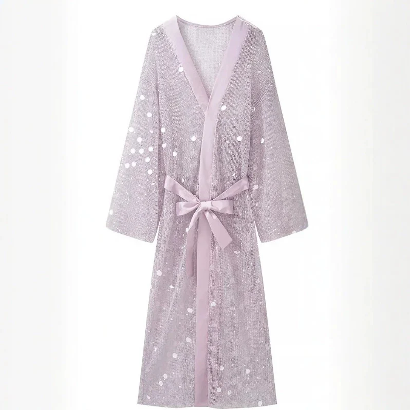 Damen Glamouröses Maxikleid mit V‑Ausschnitt, Pailletten‑Overlay und Taillengürtel Drune