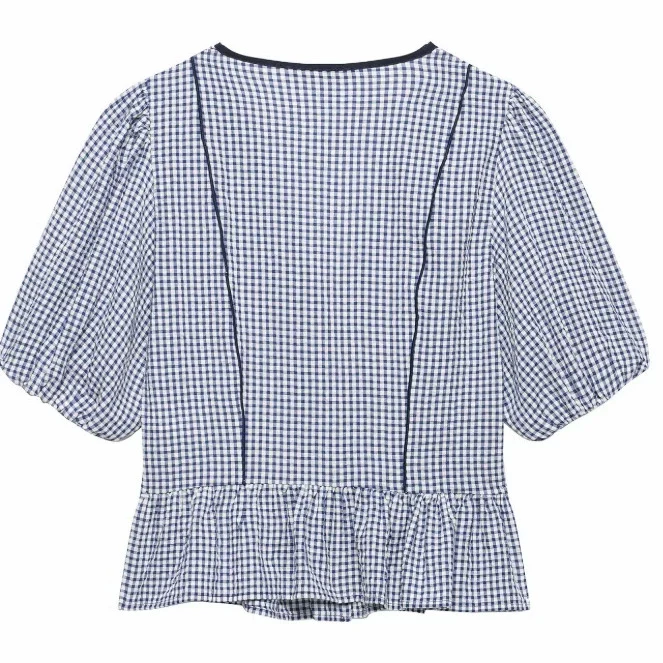 Damen Gingham‑Bluse mit V‑Ausschnitt, Puffärmeln und Volantbesatz Drune