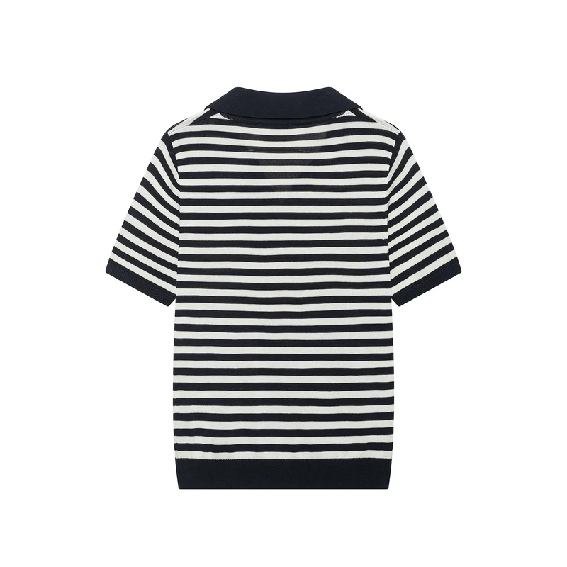 Damen Gestreiftes Poloshirt-Strick mit V‑Ausschnitt, Kurzarm und Rippkragen Drune