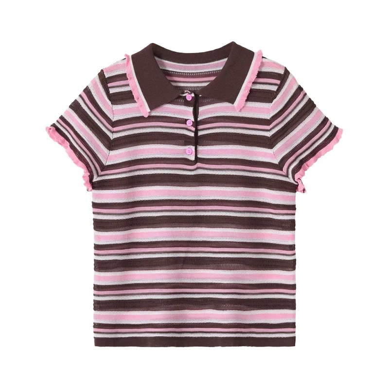 Damen Gestreiftes kurzärmeliges Poloshirt aus Feinstrick mit Rüschenkante und 3‑Knopf‑Leiste Drune