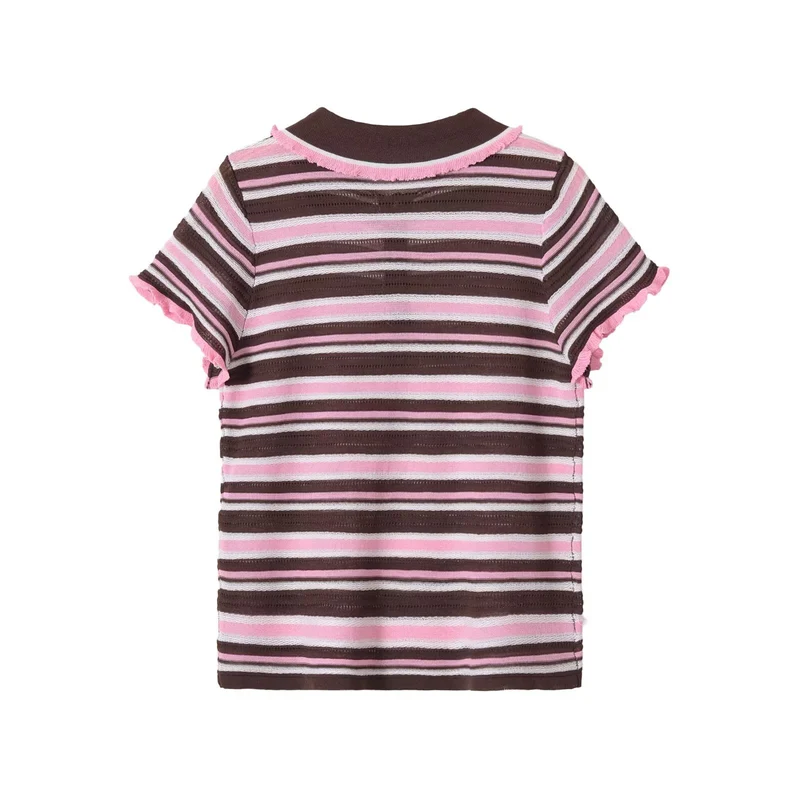Damen Gestreiftes kurzärmeliges Poloshirt aus Feinstrick mit Rüschenkante und 3‑Knopf‑Leiste Drune