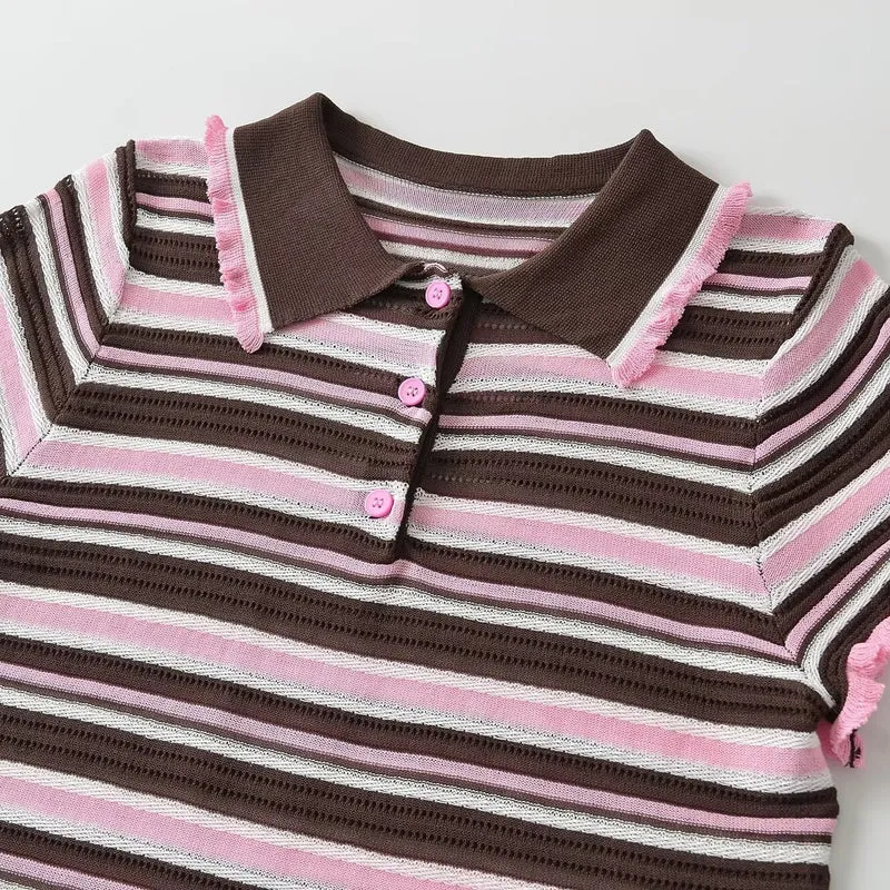 Damen Gestreiftes kurzärmeliges Poloshirt aus Feinstrick mit Rüschenkante und 3‑Knopf‑Leiste Drune