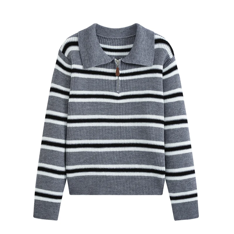 Damen Gestreifter Troyer-Pullover mit Reißverschluss und Polokragen Drune