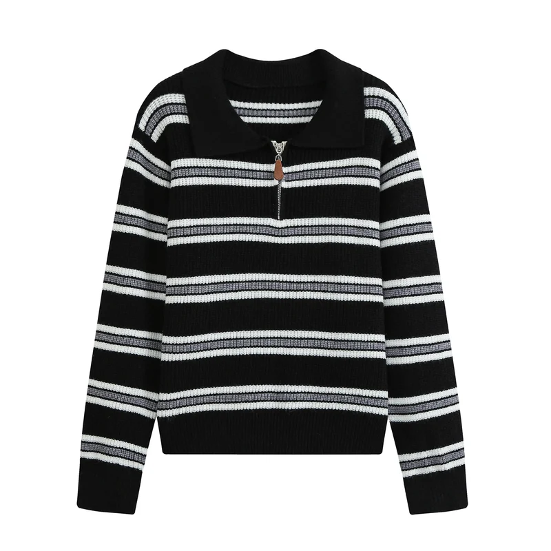 Damen Gestreifter Troyer-Pullover mit Reißverschluss und Polokragen Drune