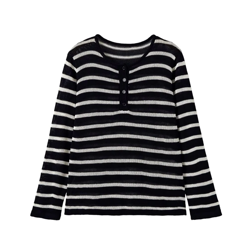 Damen Gestreifter Leichter Feinstrick‑Henley mit Knopfleiste Drune