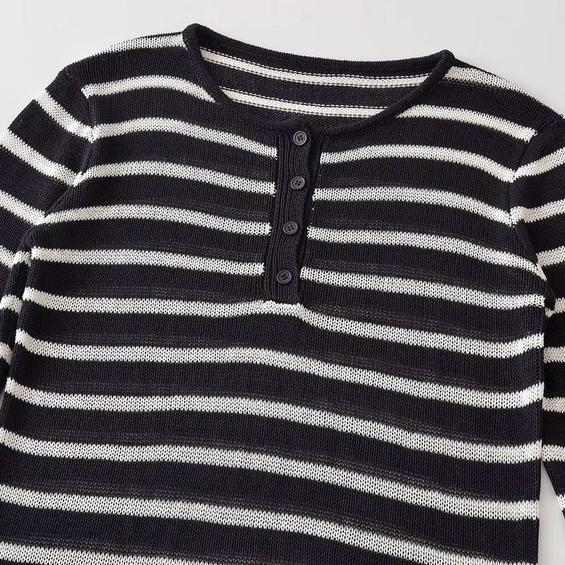 Damen Gestreifter Leichter Feinstrick‑Henley mit Knopfleiste Drune