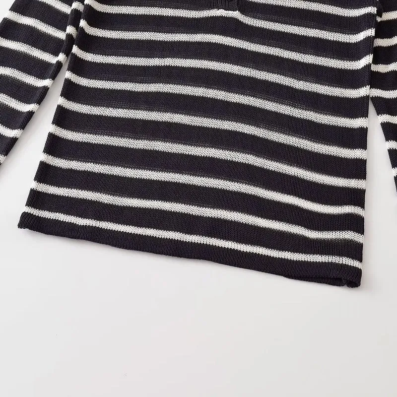 Damen Gestreifter Leichter Feinstrick‑Henley mit Knopfleiste Drune