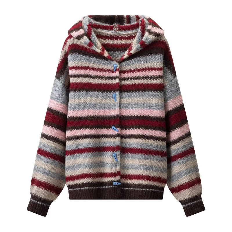 Damen Gestreifter Kapuzen-Cardigan aus flauschigem Mohair-Mix mit Dreiecksknöpfen Drune