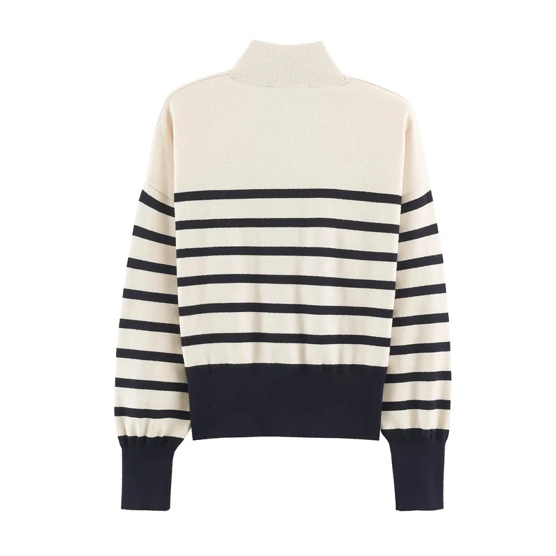 Damen Gestreifter Halbzip-Pullover mit Stehkragen und weitem Saum Drune