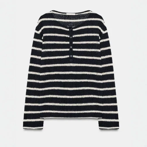 Damen Gestreifter Feinstrickpullover mit Rückknöpfung und U‑Boot‑Ausschnitt Drune