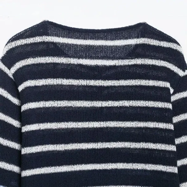 Damen Gestreifter Feinstrickpullover mit Rückknöpfung und U‑Boot‑Ausschnitt Drune