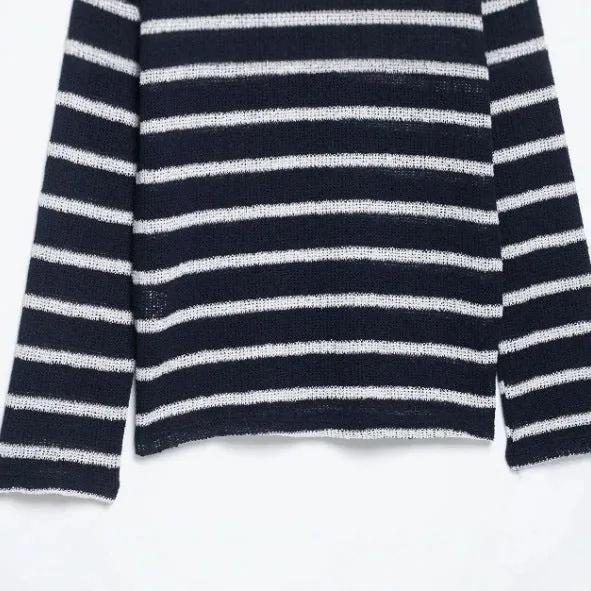 Damen Gestreifter Feinstrickpullover mit Rückknöpfung und U‑Boot‑Ausschnitt Drune