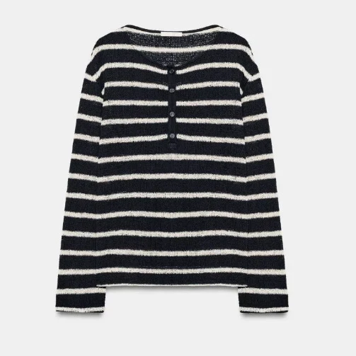 Damen Gestreifter Feinstrickpullover mit Rückknöpfung und U‑Boot‑Ausschnitt Drune