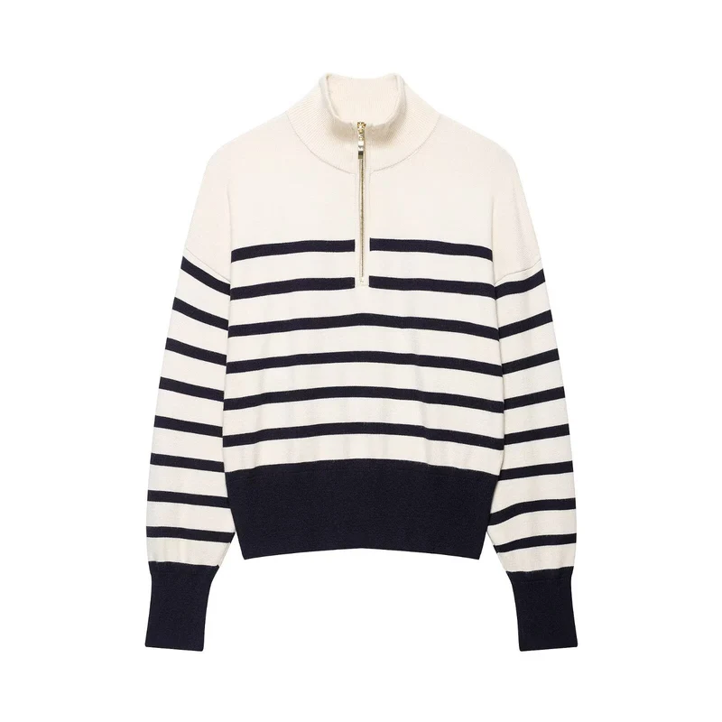 Damen Gestreifter Feinstrick-Pullover mit Stehkragen und Halbzip Drune