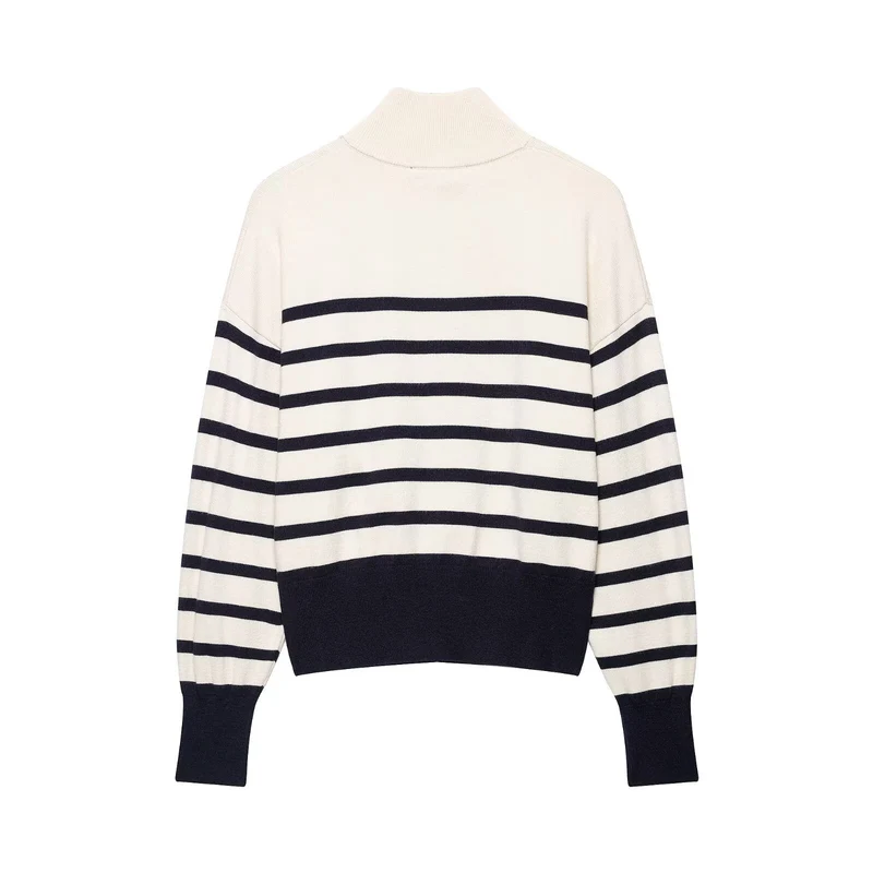 Damen Gestreifter Feinstrick-Pullover mit Stehkragen und Halbzip Drune