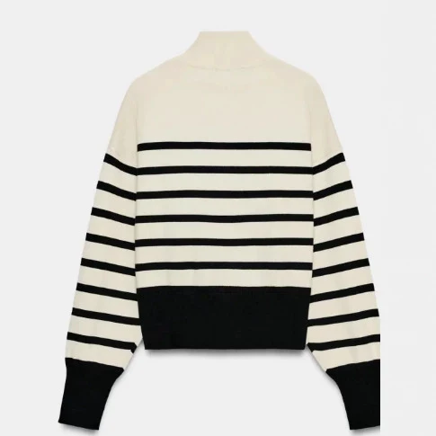 Damen Gestreifter Cropped‑Strickpullover mit Stehkragen und voluminösen Ballonärmeln Drune