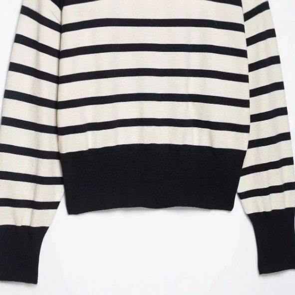 Damen Gestreifter Cropped‑Strickpullover mit Stehkragen und voluminösen Ballonärmeln Drune