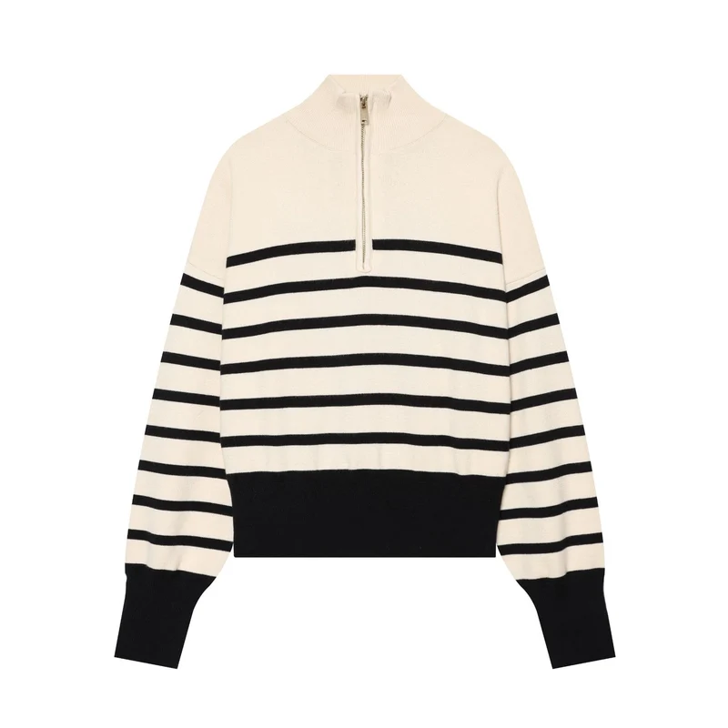 Damen Gestreifter Cropped Strickpullover mit halbem Reißverschluss und Stehkragen Drune