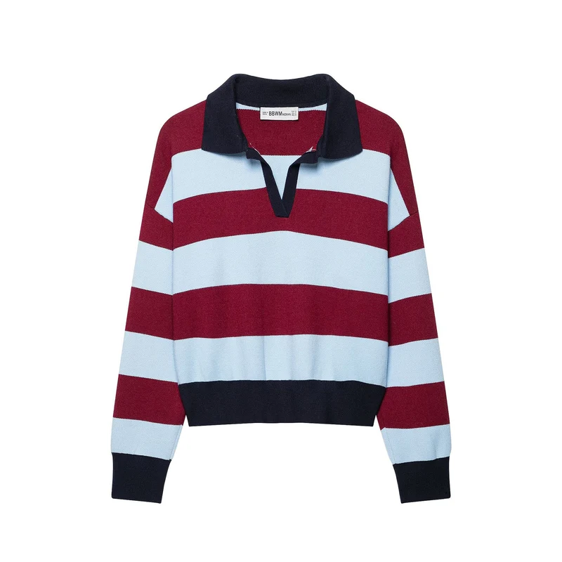 Damen Gestreifter Cropped Rugby‑Pullover mit Polokragen Drune