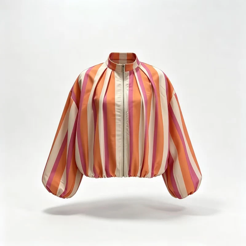 Damen Gestreifter Cropped Blouson mit Faltenansatz, Ballonärmeln und Stehkragen Drune