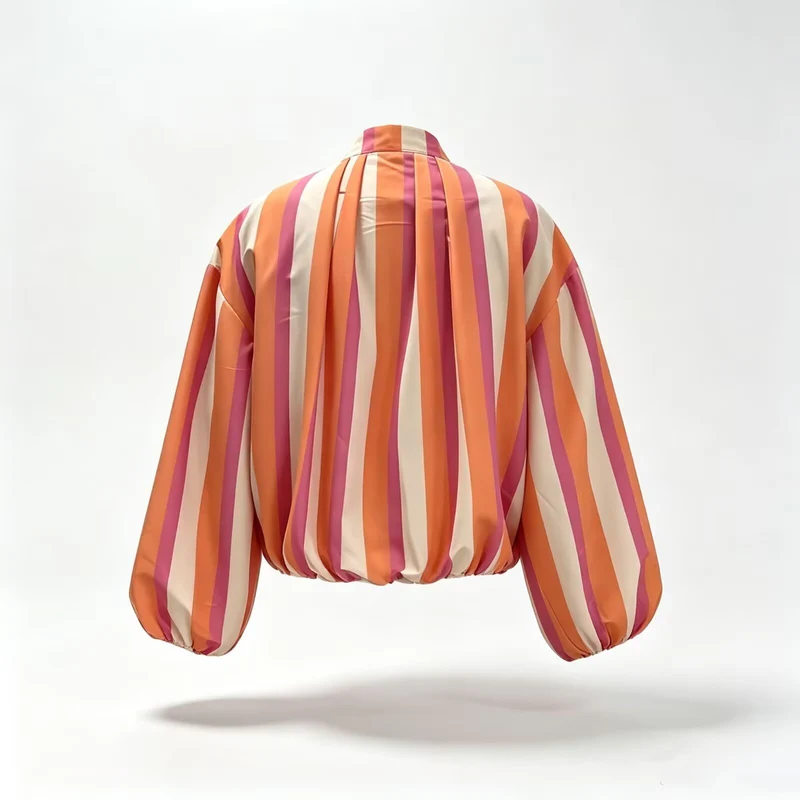 Damen Gestreifter Cropped Blouson mit Faltenansatz, Ballonärmeln und Stehkragen Drune