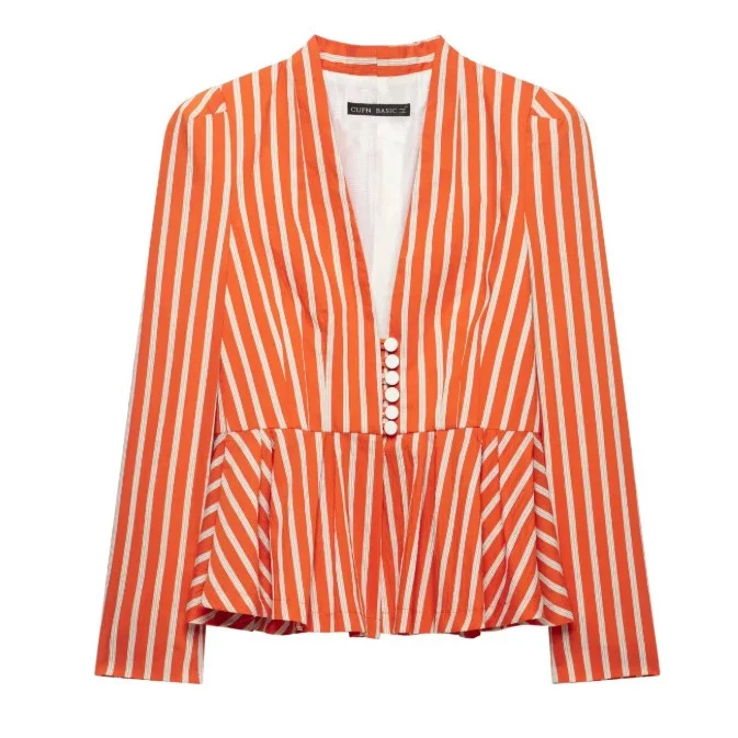 Damen Gestreifte Peplum‑Bluse mit tiefem V‑Ausschnitt und Zierknopfleiste Drune