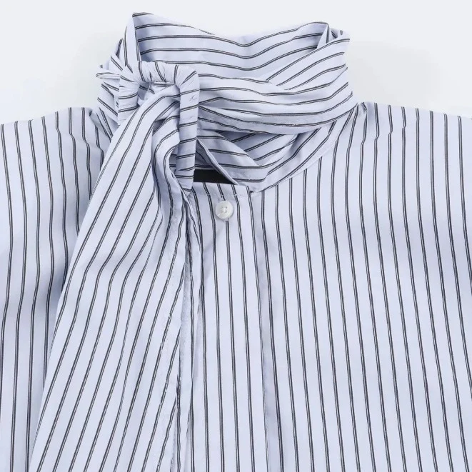 Damen Gestreifte Hemdbluse mit Stehkragen und Tunnelzug Drune