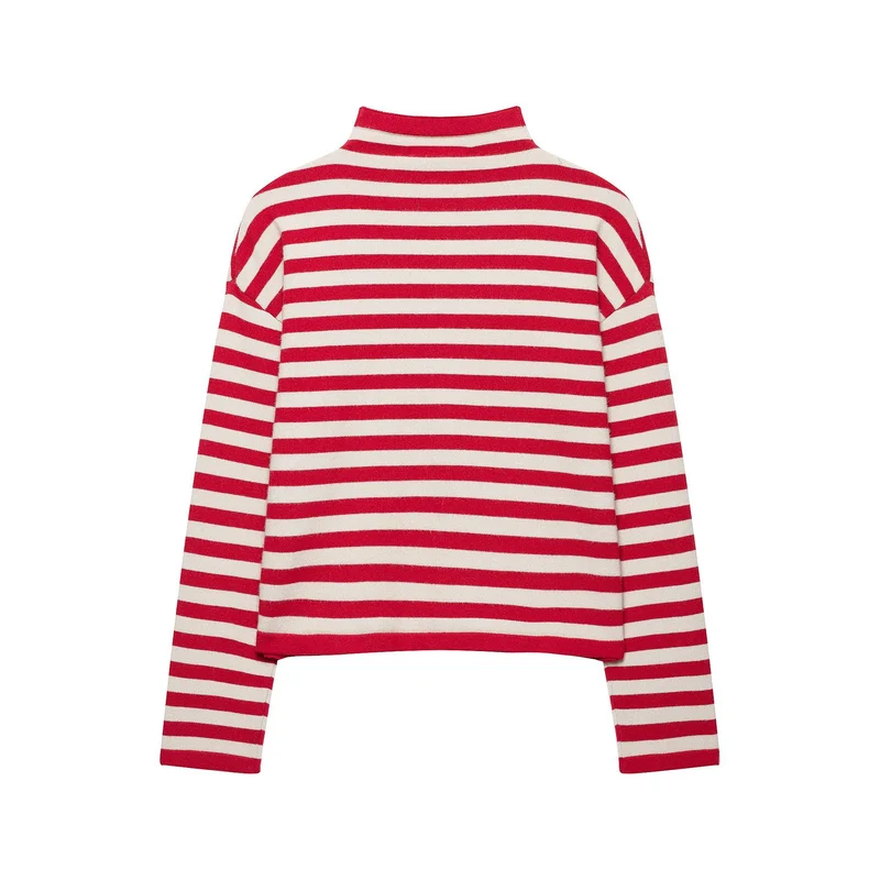 Damen Gestreifte Cropped-Strickjacke mit Stehkragen und durchgehender Knopfleiste Drune