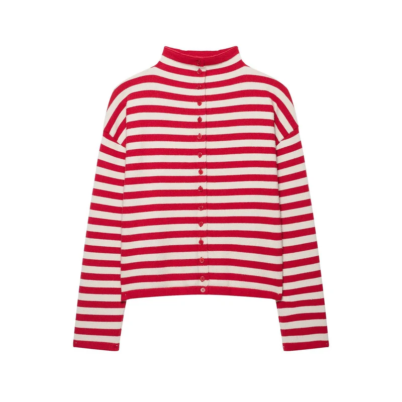 Damen Gestreifte Cropped-Strickjacke mit Stehkragen und durchgehender Knopfleiste Drune