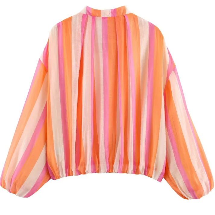 Damen Gestreifte Cropped Blousonjacke mit Stehkragen, Reißverschluss und Ballonärmeln Drune