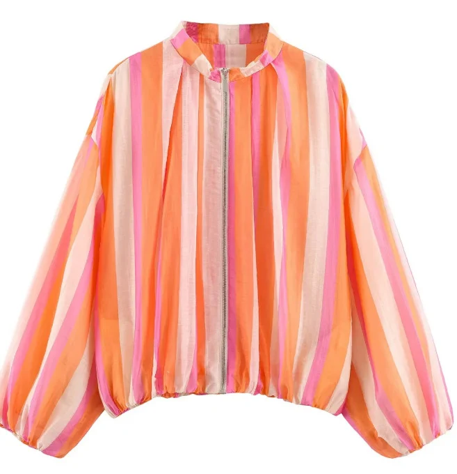 Damen Gestreifte Cropped Blousonjacke mit Stehkragen, Reißverschluss und Ballonärmeln Drune
