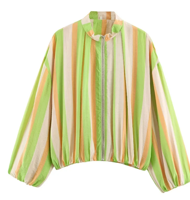Damen Gestreifte Cropped Blousonjacke mit Stehkragen, Reißverschluss und Ballonärmeln Drune