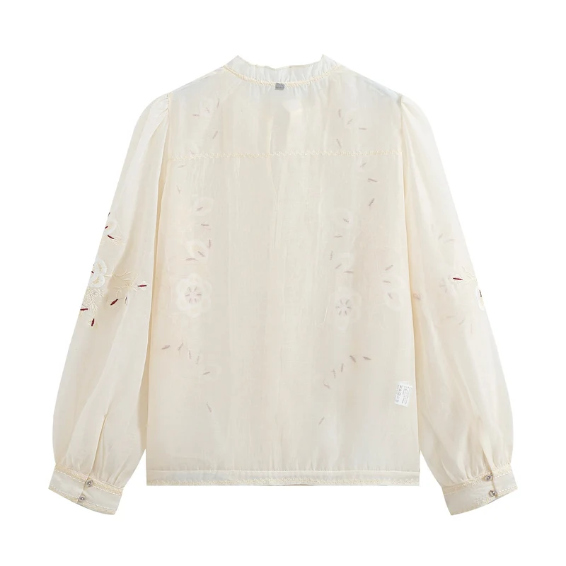Damen Gestickte Vintage‑Bluse mit Biesen, Stehkragen und Ballonärmeln Drune