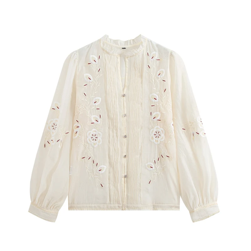 Damen Gestickte Vintage‑Bluse mit Biesen, Stehkragen und Ballonärmeln Drune
