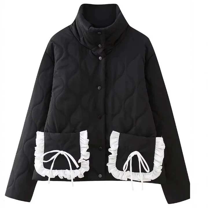 Damen gesteppte Kurzjacke mit Stehkragen und Volant‑Taschen Drune