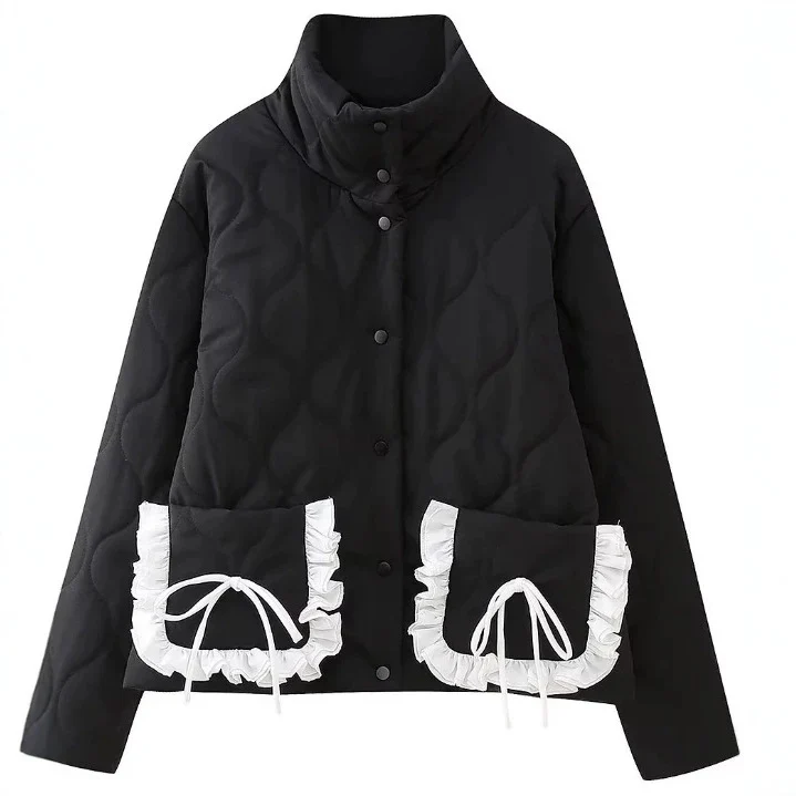 Damen gesteppte Kurzjacke mit Stehkragen und Volant‑Taschen Drune