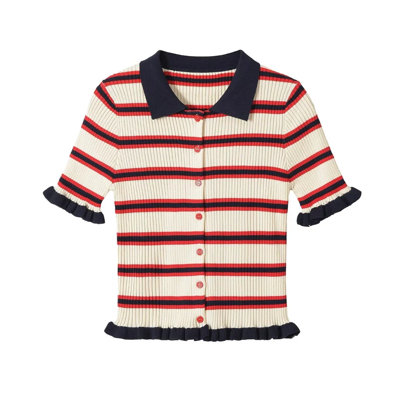 Damen Gerippte Kurzarmstrickjacke mit Polokragen, Knopfleiste und Volantabschlüssen Drune