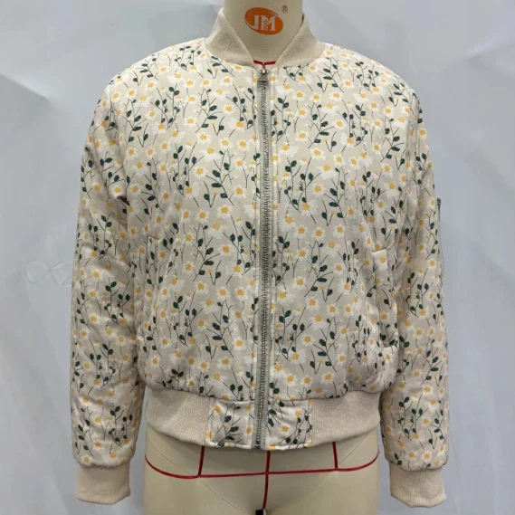 Damen gequiltete Blumen-Bomberjacke mit Rippbündchen und Reißverschluss Drune