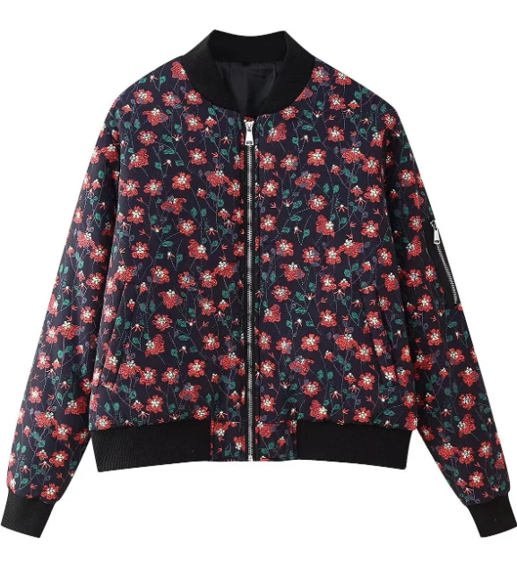 Damen gequiltete Blumen-Bomberjacke mit Rippbündchen und Reißverschluss Drune