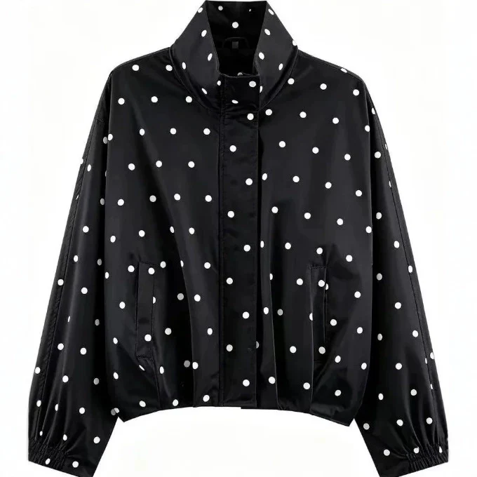 Damen Gepunktete Cropped Blousonjacke mit Stehkragen, elastischem Saum und verdeckter Knopfleiste Drune