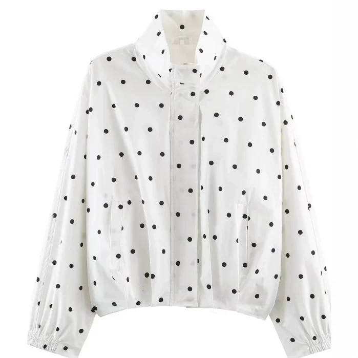 Damen Gepunktete Cropped Blousonjacke mit Stehkragen, elastischem Saum und verdeckter Knopfleiste Drune