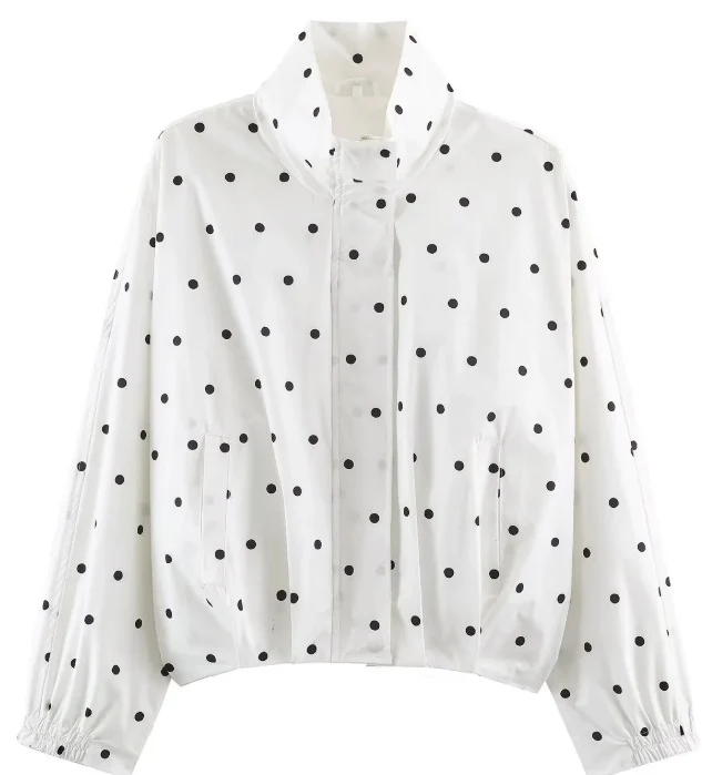 Damen Gepunktete Cropped Blousonjacke mit Stehkragen, elastischem Saum und verdeckter Knopfleiste Drune