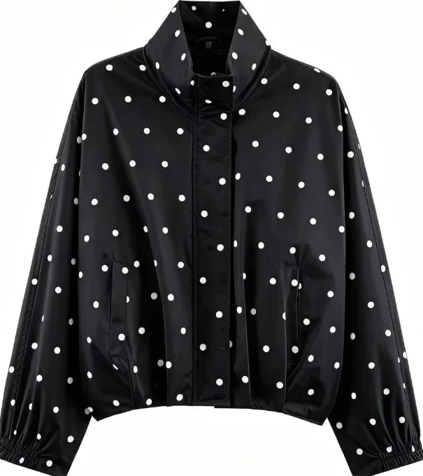 Damen Gepunktete Cropped Blousonjacke mit Stehkragen, elastischem Saum und verdeckter Knopfleiste Drune