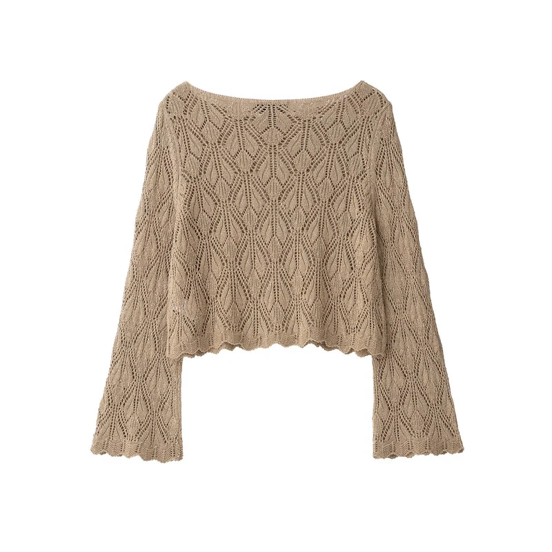 Damen Gehäkelt wirkender Cropped‑Strickpullover mit Ajourmuster und Glockenärmeln Drune